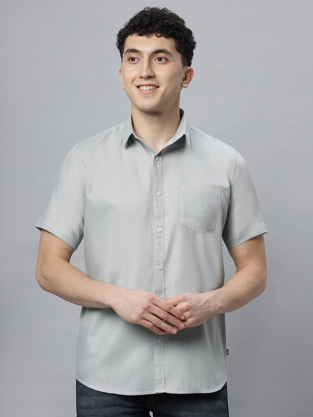 

Hence Men Spread Collar Solid Cotton Slim Fit Casual Shirt, Grey