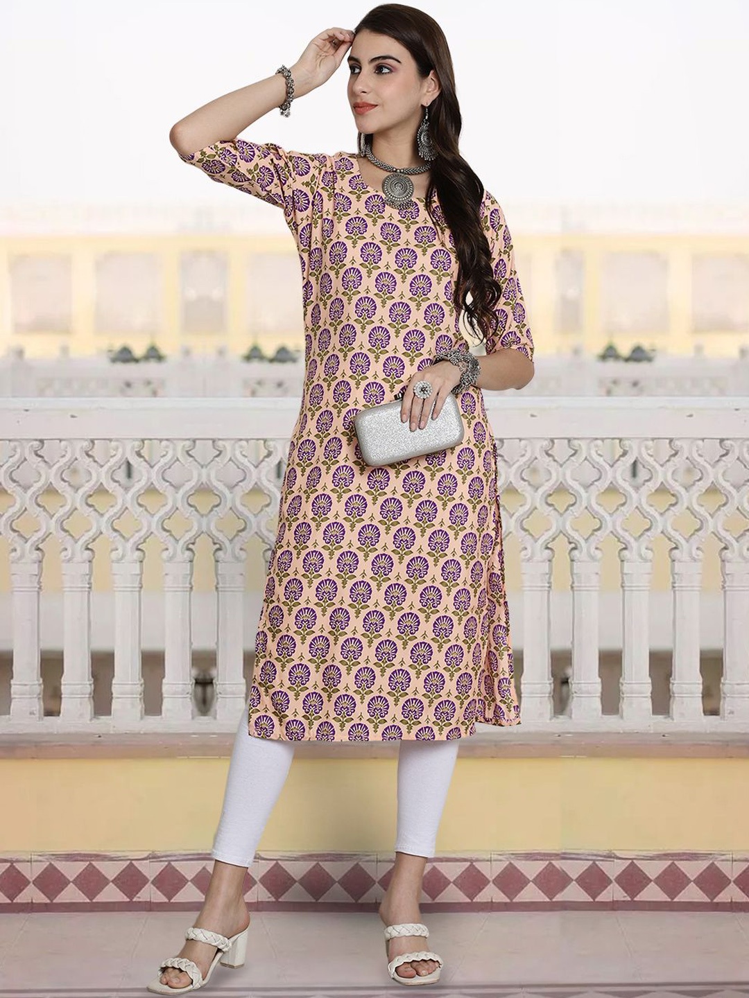 

7Threads Ethnic Motifs Printed Round Neck Straight Kurta, Beige