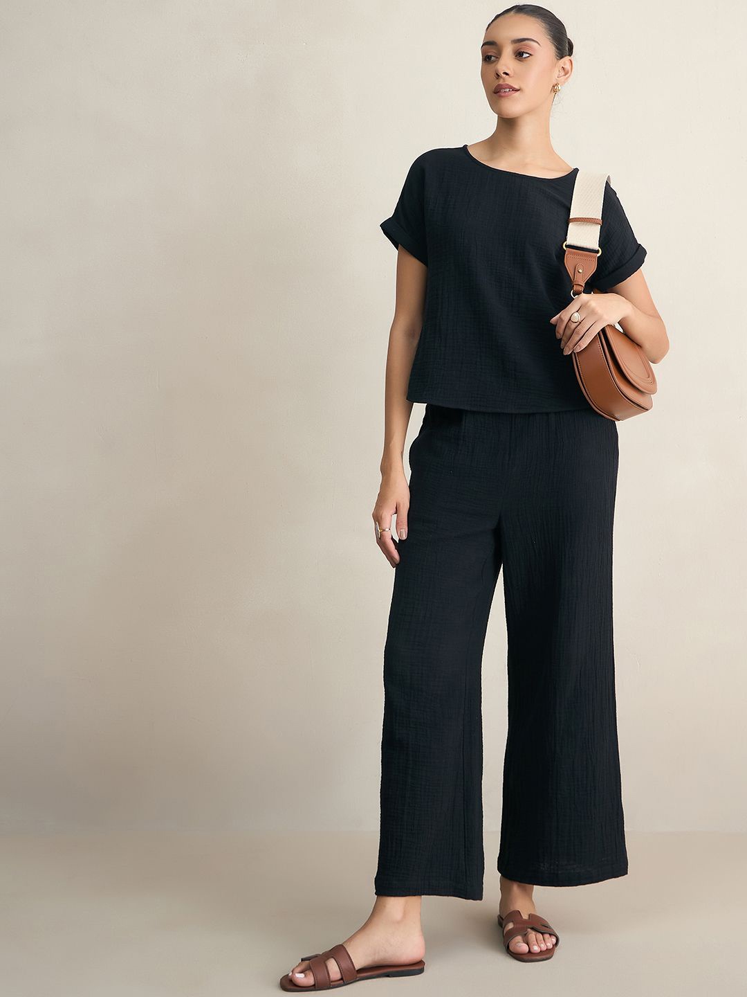 

FEMMELLA Round Neck Pure Cotton Top With Trousers, Black