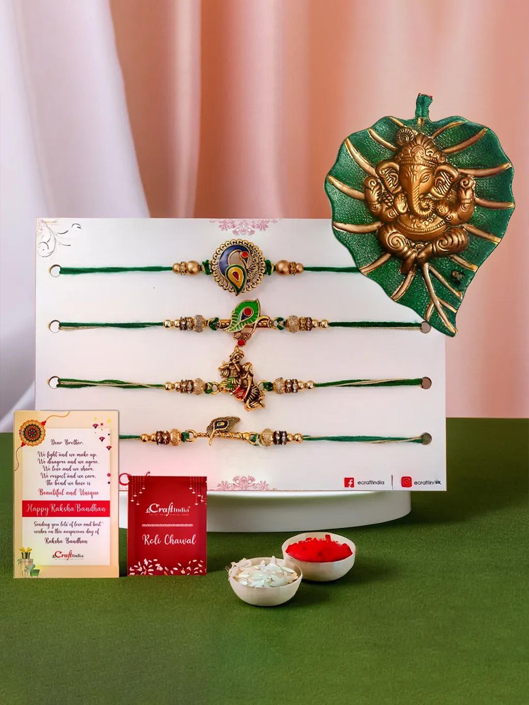 

eCraftIndia Set Of 5 Rakhi With Wall Hanging Gift Set, Gold