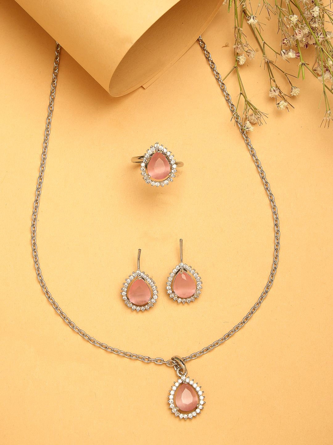 

ZENEME Rhodium-Plated AD Studded Tear Drop Shaped Necklace and Earrings With Ring, Silver