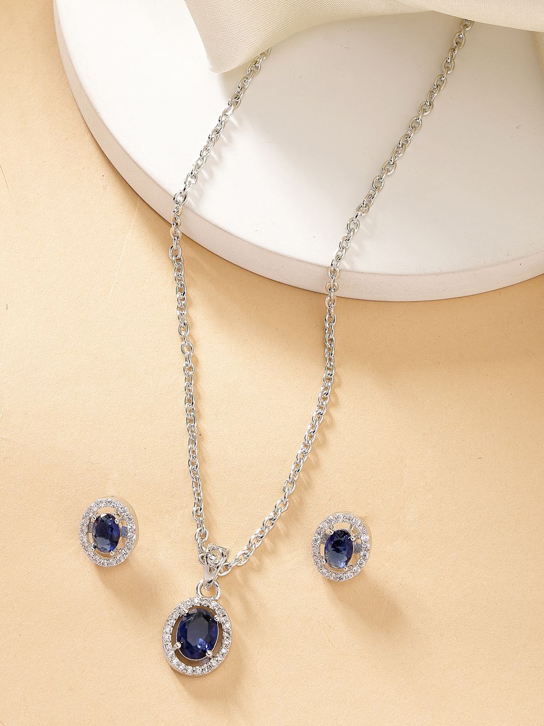 

ZENEME Rhodium Plated American Diamond Studded Necklace and Earrings, Silver