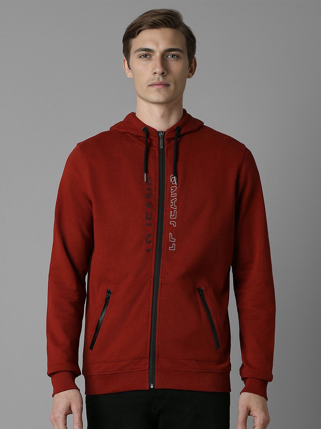 

Louis Philippe Jeans Men Typography Printed Hooded Sweatshirt, Maroon