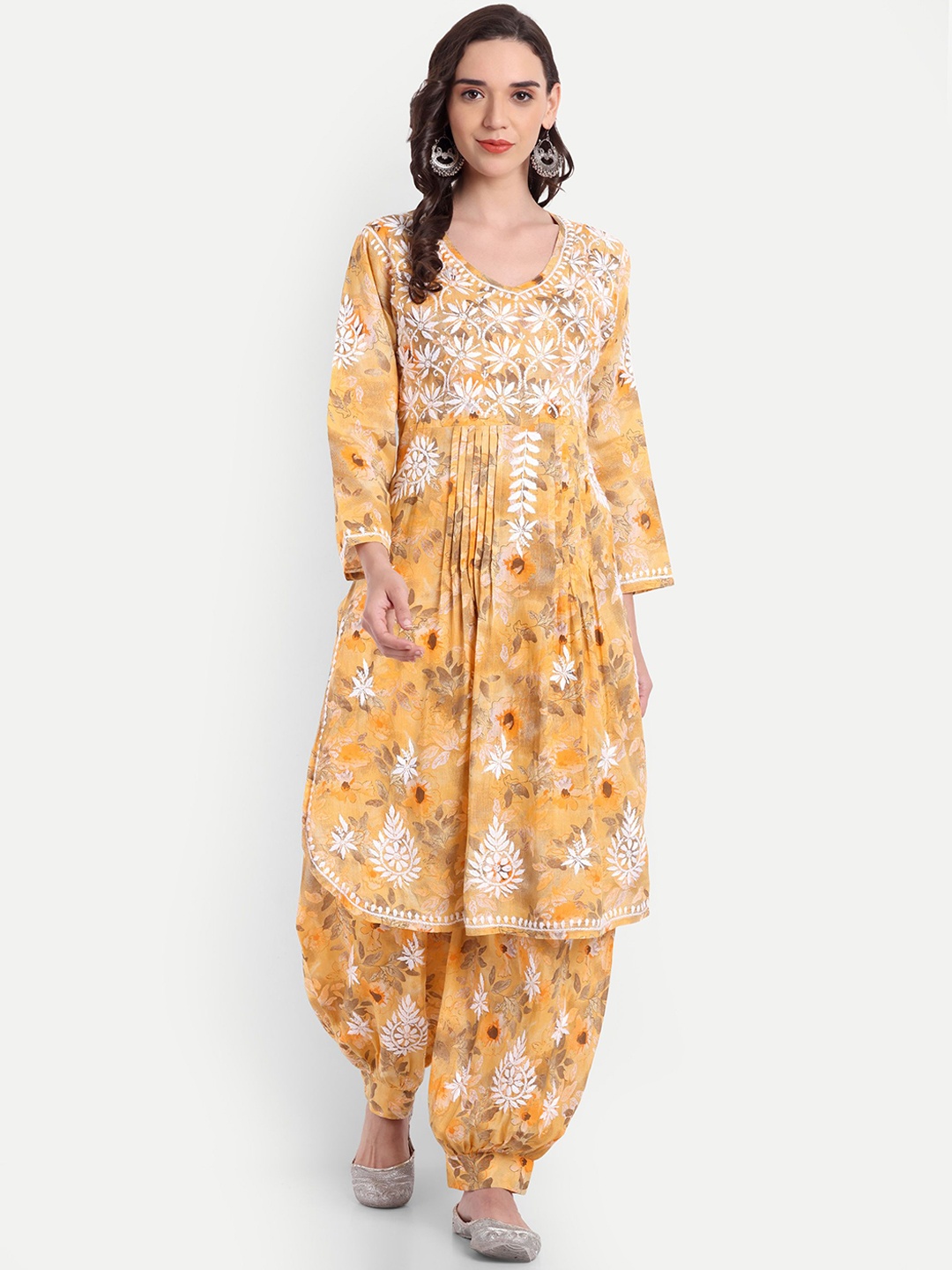 

Indiankala4u Ethnic Motifs Embroidered Straight Chikankari Pure Cotton Kurta with Salwar, Mustard