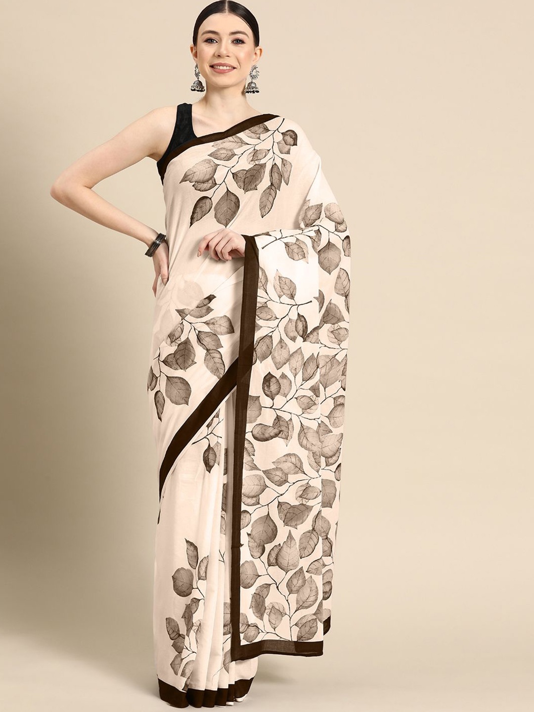 

BUTA BUTI Floral Printed Pure Cotton Saree, Coffee brown