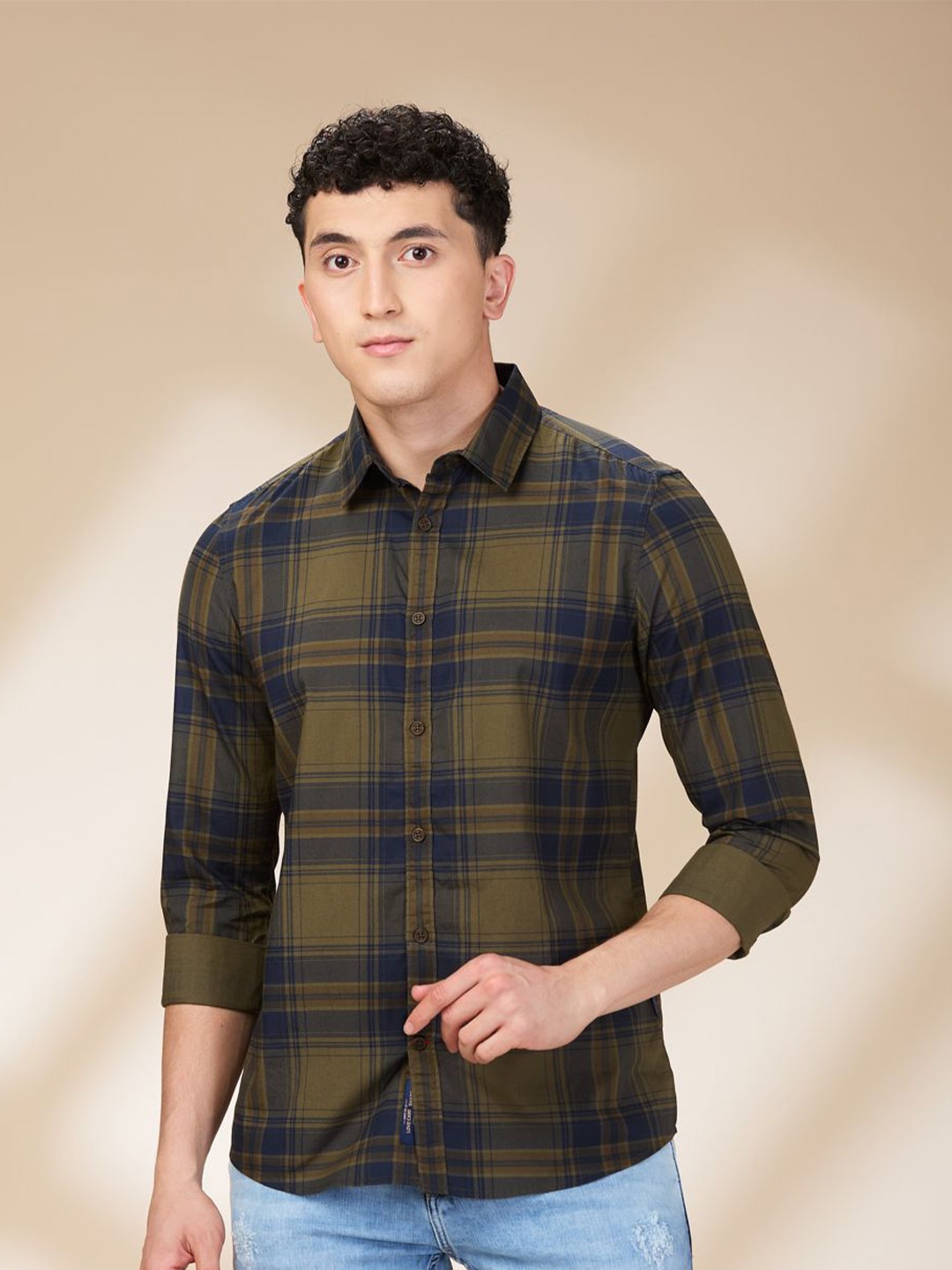 

Being Human Men Spread Collar Tartan Checked Cotton Slim Fit Casual Shirt, Green