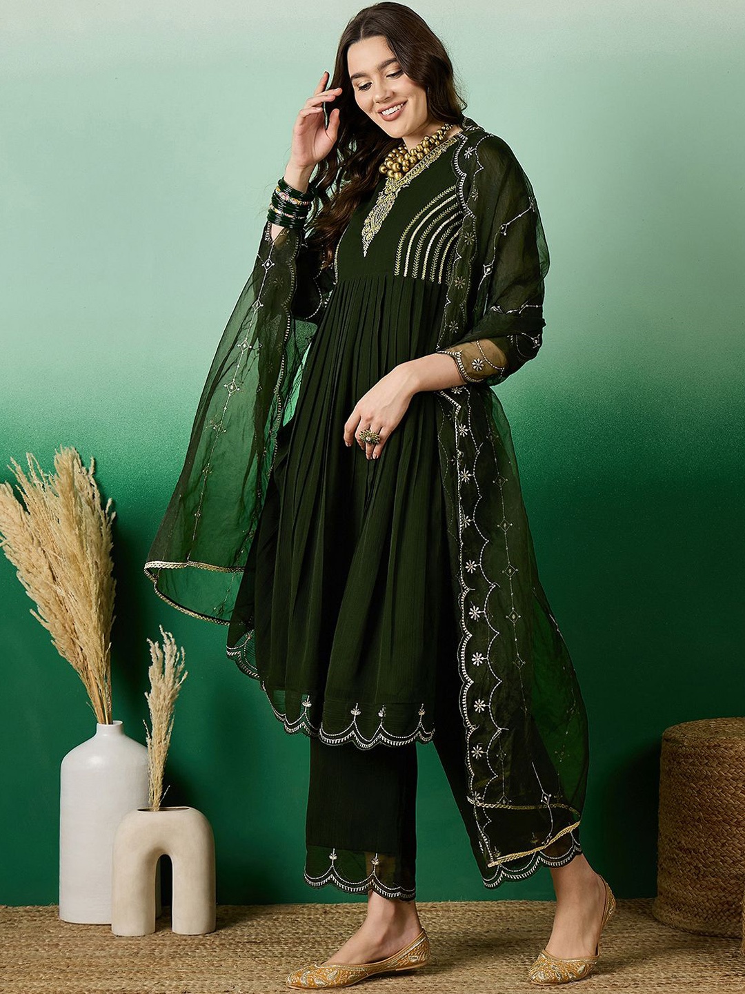 

Sangria Green Floral Embroidered Sequinned Pleated A-Line Kurta With Trousers & Dupatta