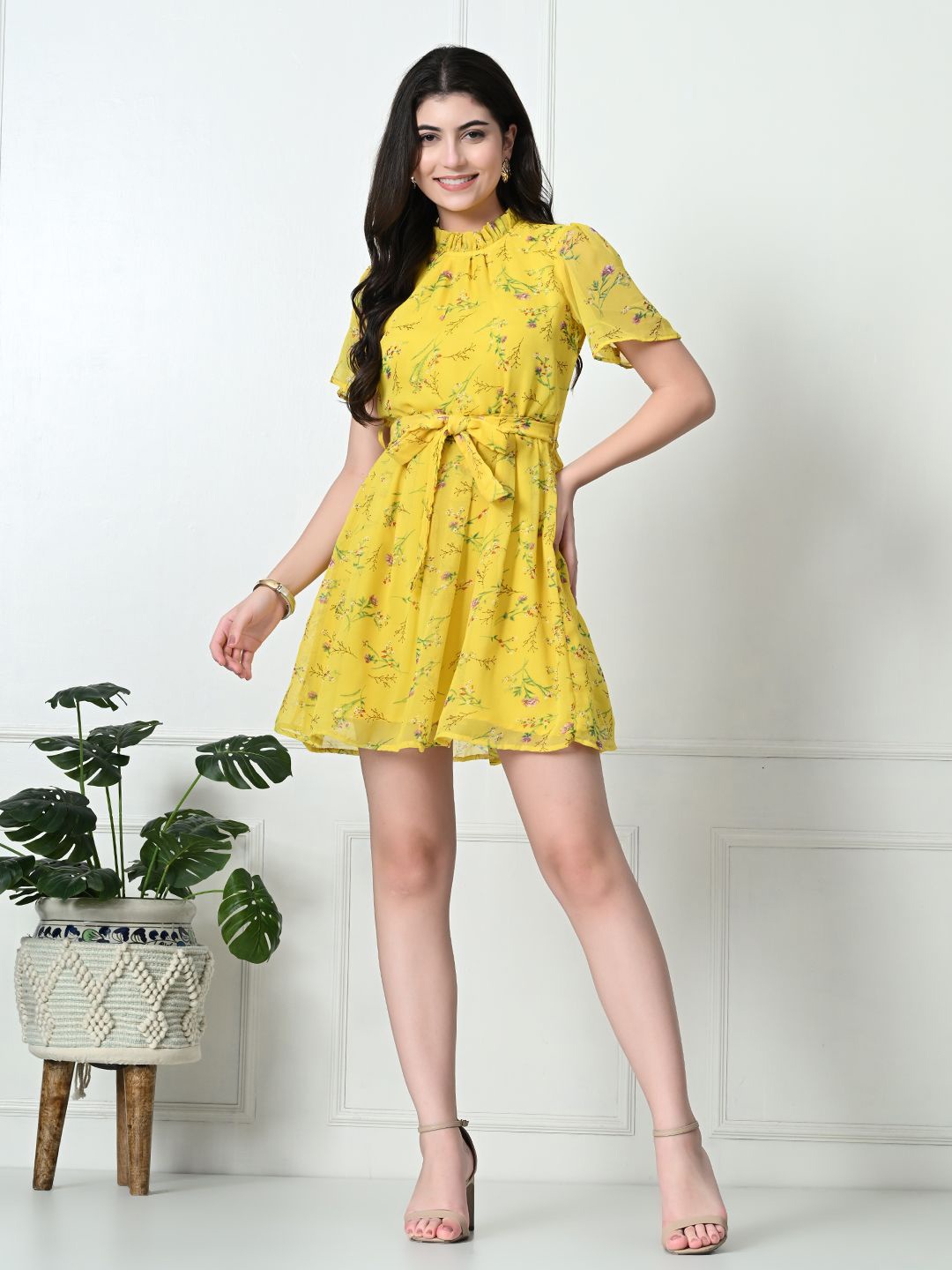 

Tushita Floral Print Flared Sleeve Georgette A-Line Dress, Yellow