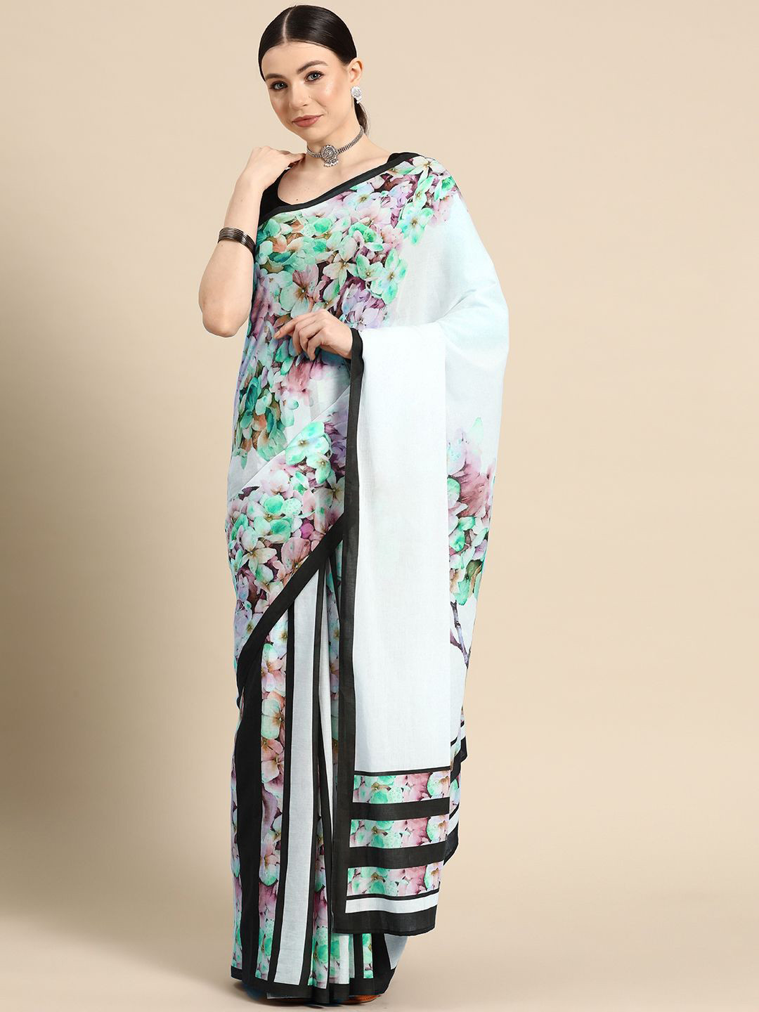 

BUTA BUTI Floral Pure Cotton Saree, Off white