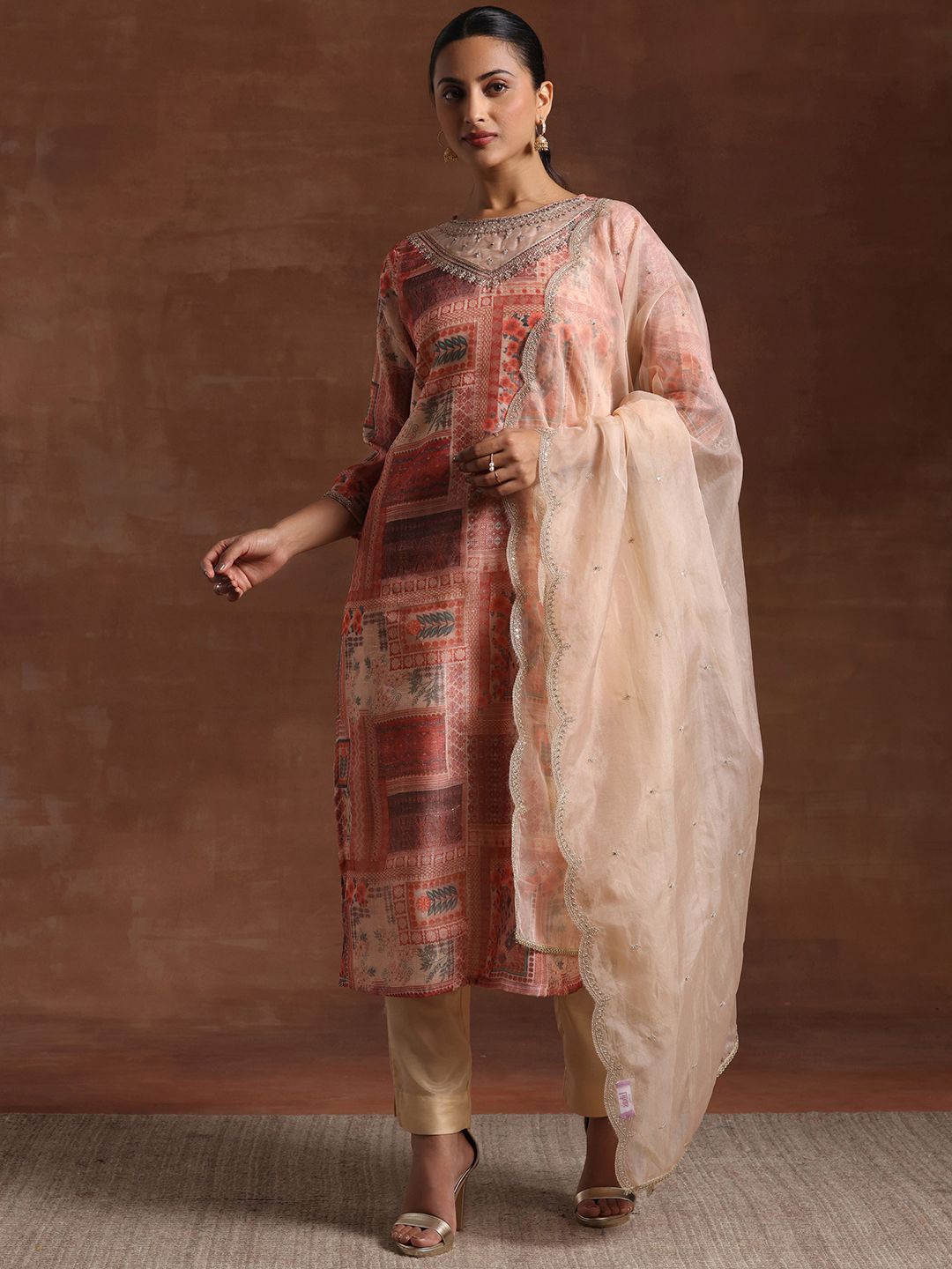 

Libas Ethnic Motifs Printed Organza Straight Kurta With Trouser & Dupatta, Peach