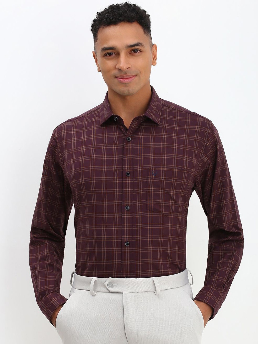 

Allen Solly Men Spread Collar Tartan Checked Cotton Slim Fit Formal Shirt, Maroon