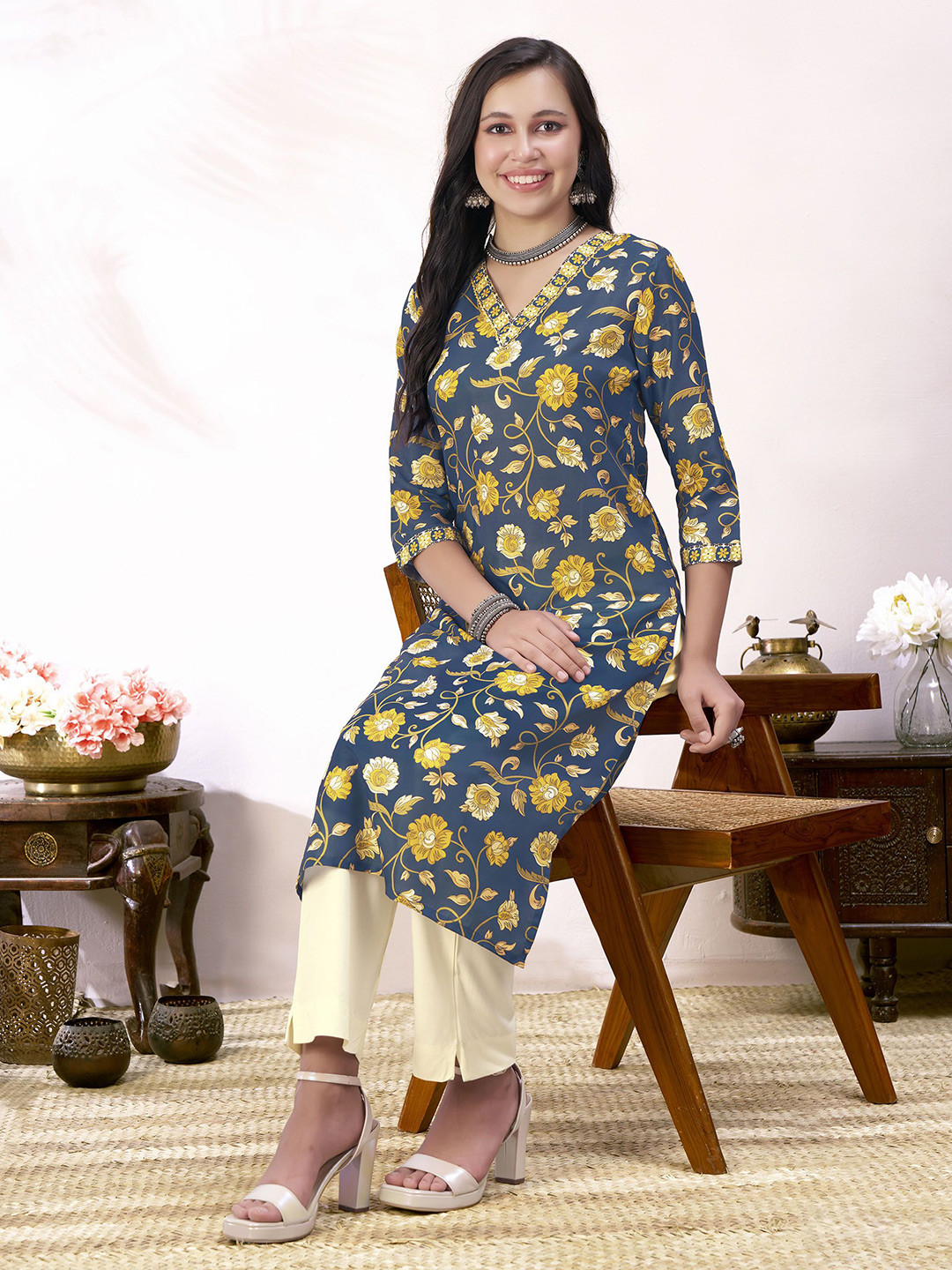 

Anouk Rustic Floral Printed Straight Kurtas, Blue