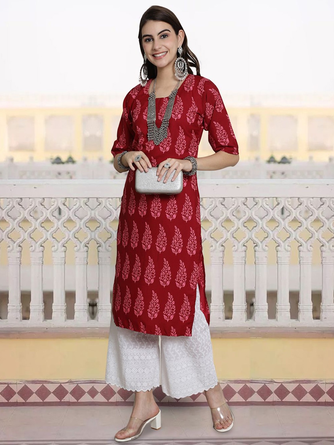 

7Threads Ethnic Motifs Printed Round Neck Crepe Kurta, Red