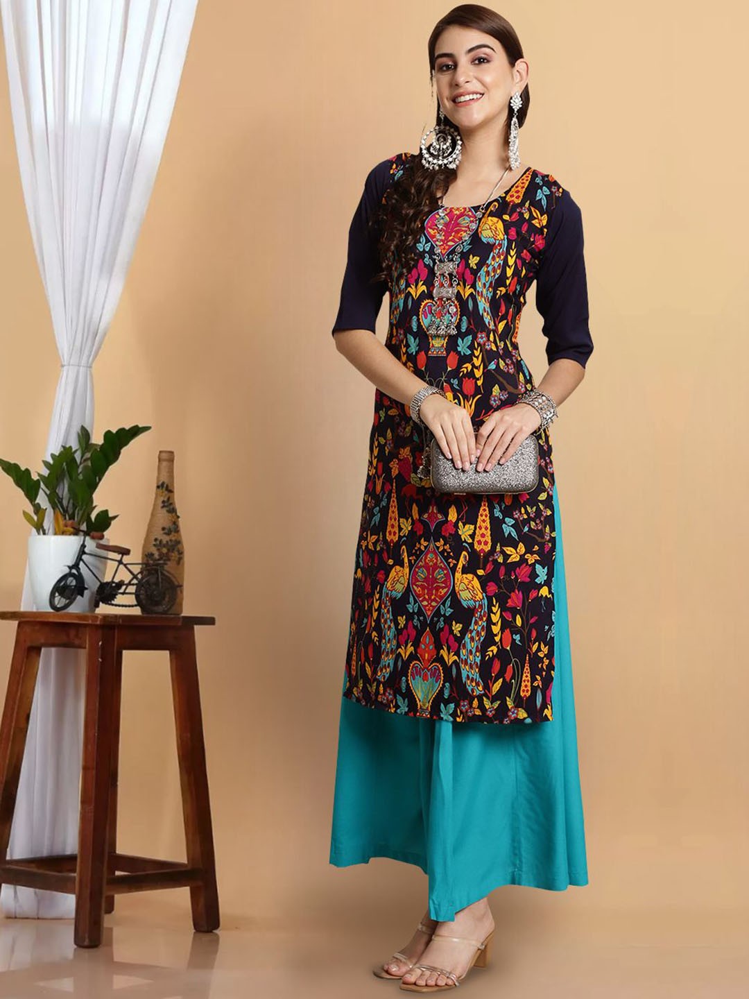

7Threads Ethnic Motif Digital Printed Short Regular Sleeves Round Neck Straight Crepe Kurta, Black