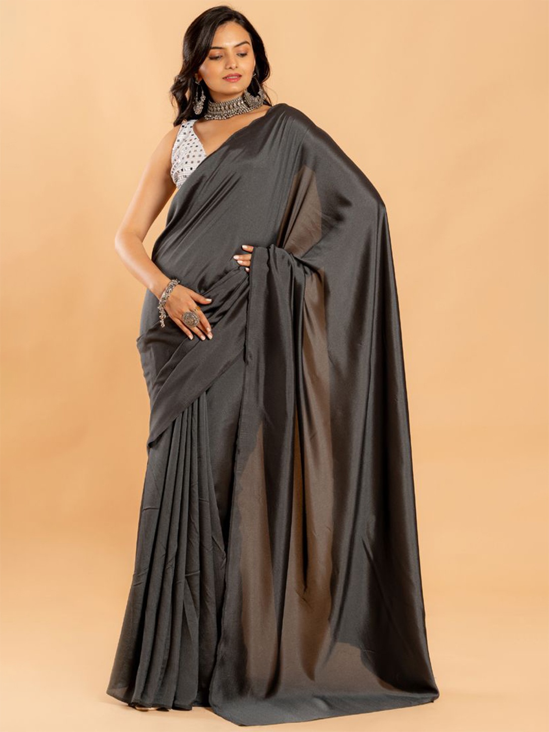 

ASISA Solid Satin Saree With Blouse Piece, Grey