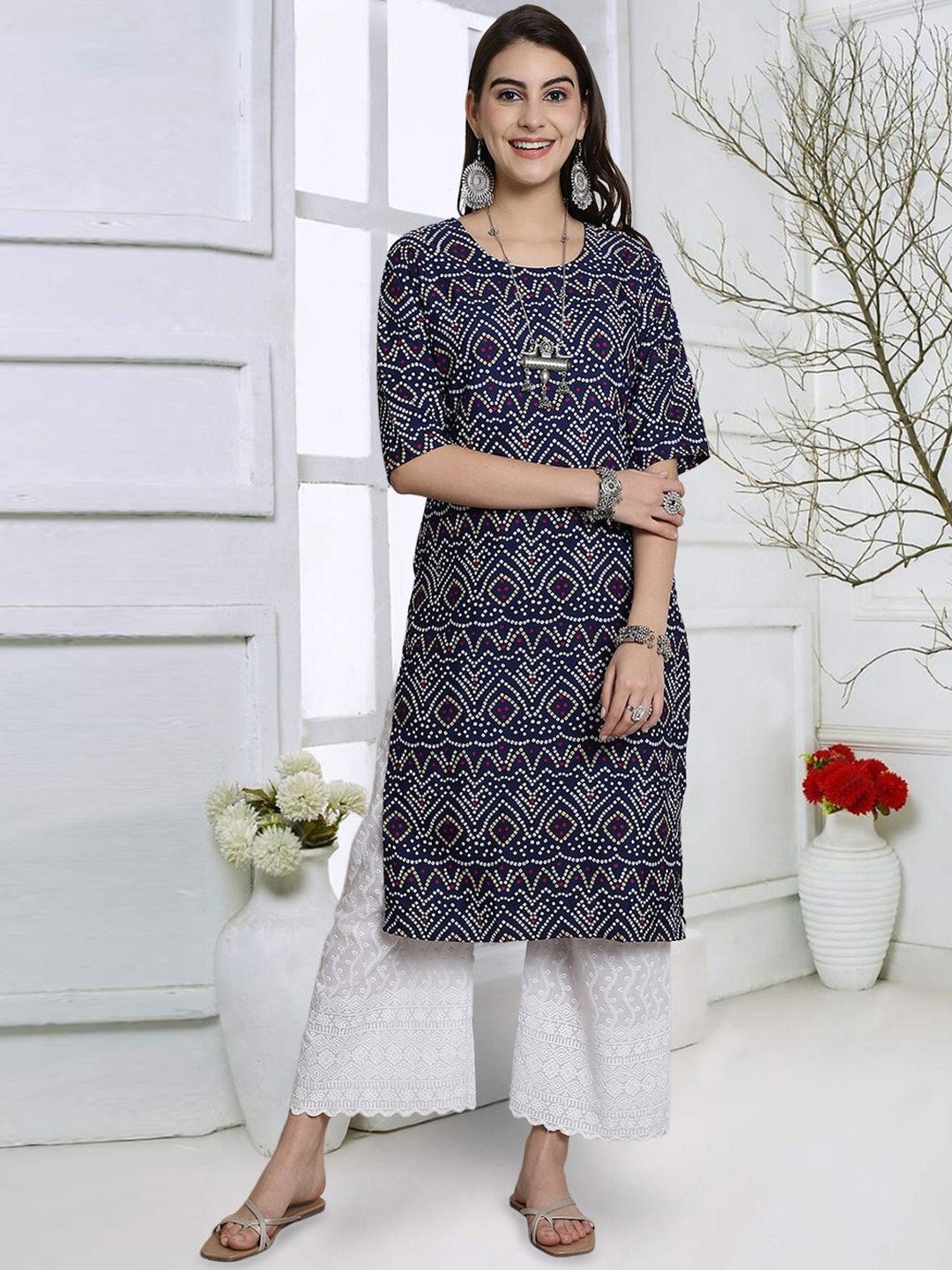 

7Threads Bandhani Printed Round Neck Straight Kurta, Navy blue