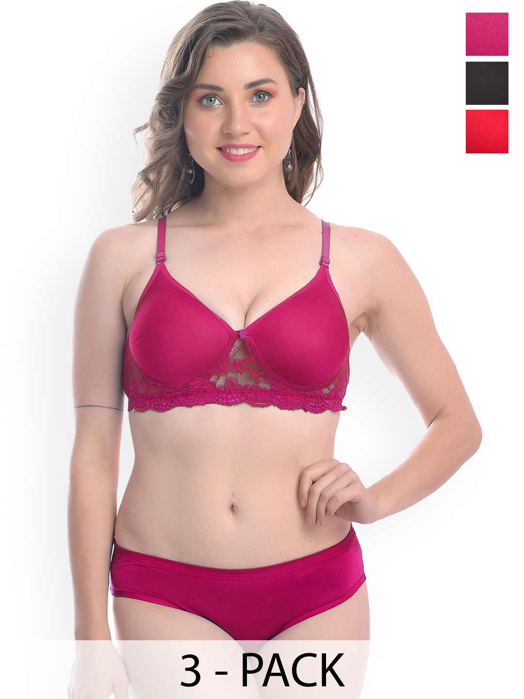

AROUSY Pack Of 3 Lightly Padded Lingerie Set, Red