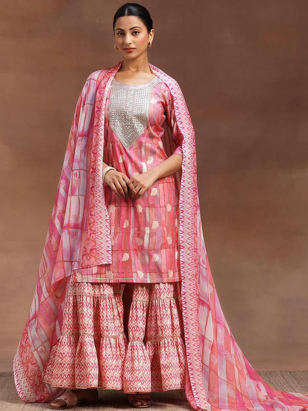 

Libas Yoke Design Sequinned Kurta with Sharara & Dupatta, Pink