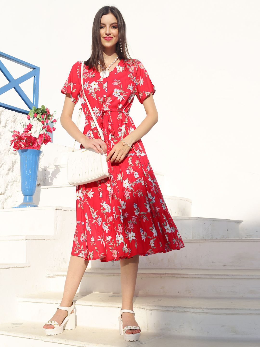 

Sera Floral Printed Fit & Flare Midi Dress, Red
