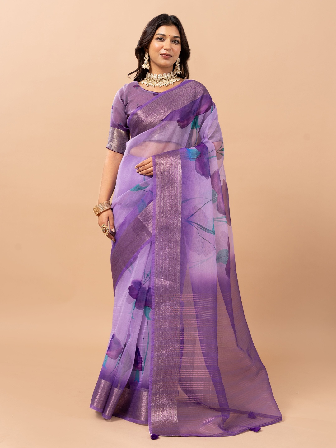 

VIRICA Floral Phulkari Organza Saree, Blue