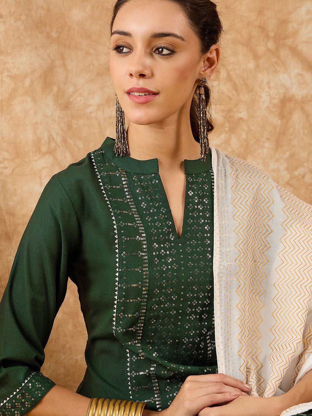 

Indo Era Ethnic Motifs Embroidered Straight Sequinned Kurta with Trousers & Dupatta, Green