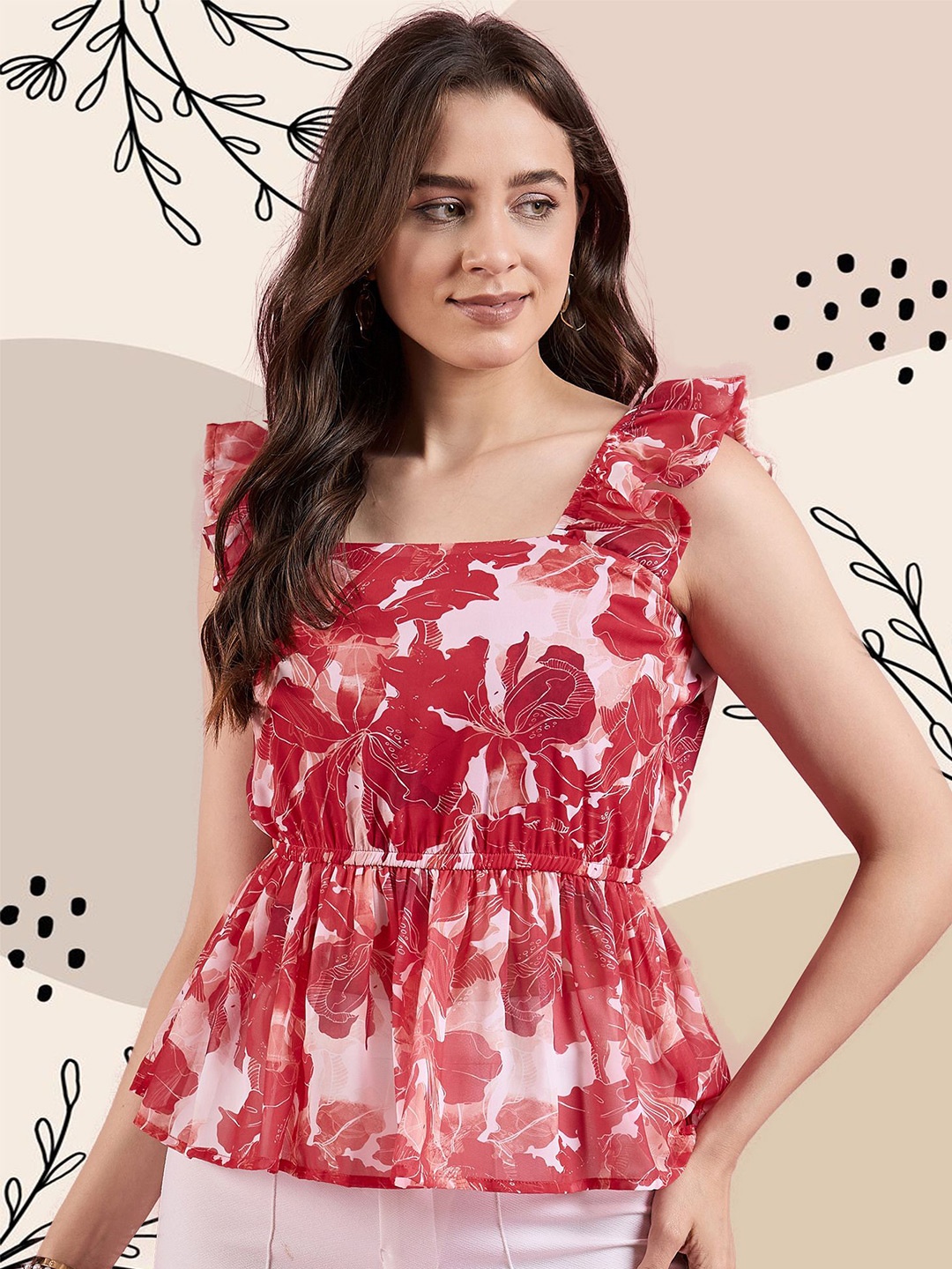 

Deewa Women Floral Printed Square Neck Top, White