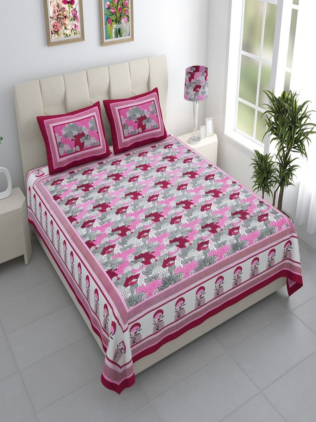 

Bombay Spreads Pink & Grey Floral 144 TC King Bedsheet with 2 Pillow Covers