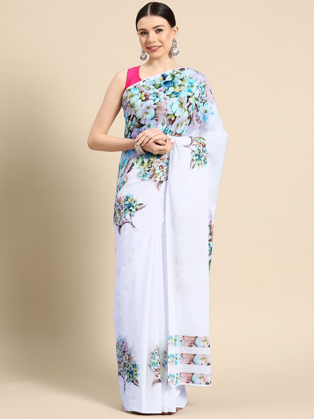 

BUTA BUTI Floral Printed Pure Cotton Saree, White
