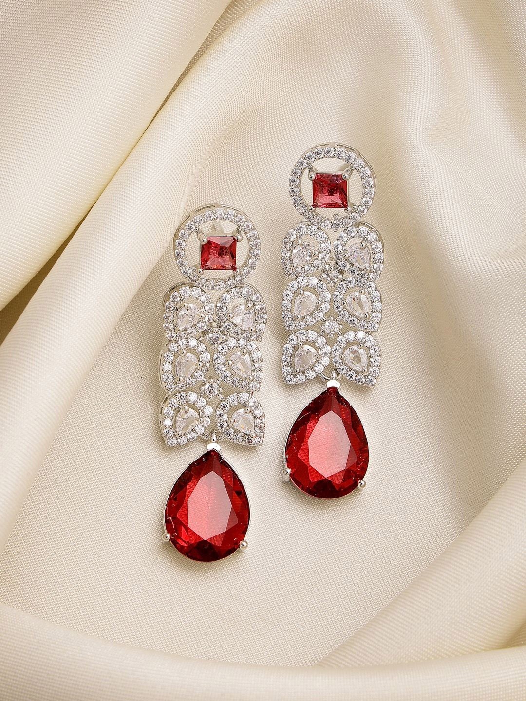 

ZENEME Rhodium Plated American Diamond Leaf Shaped Drop Earrings, Red
