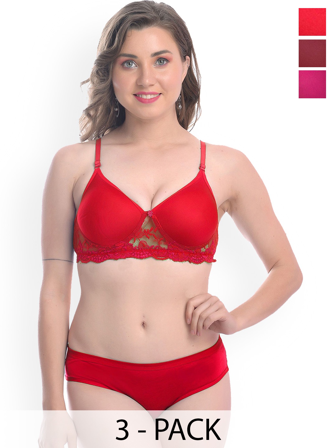 

AROUSY Pack Of 3 Lightly-Padded Lingerie Set, Red