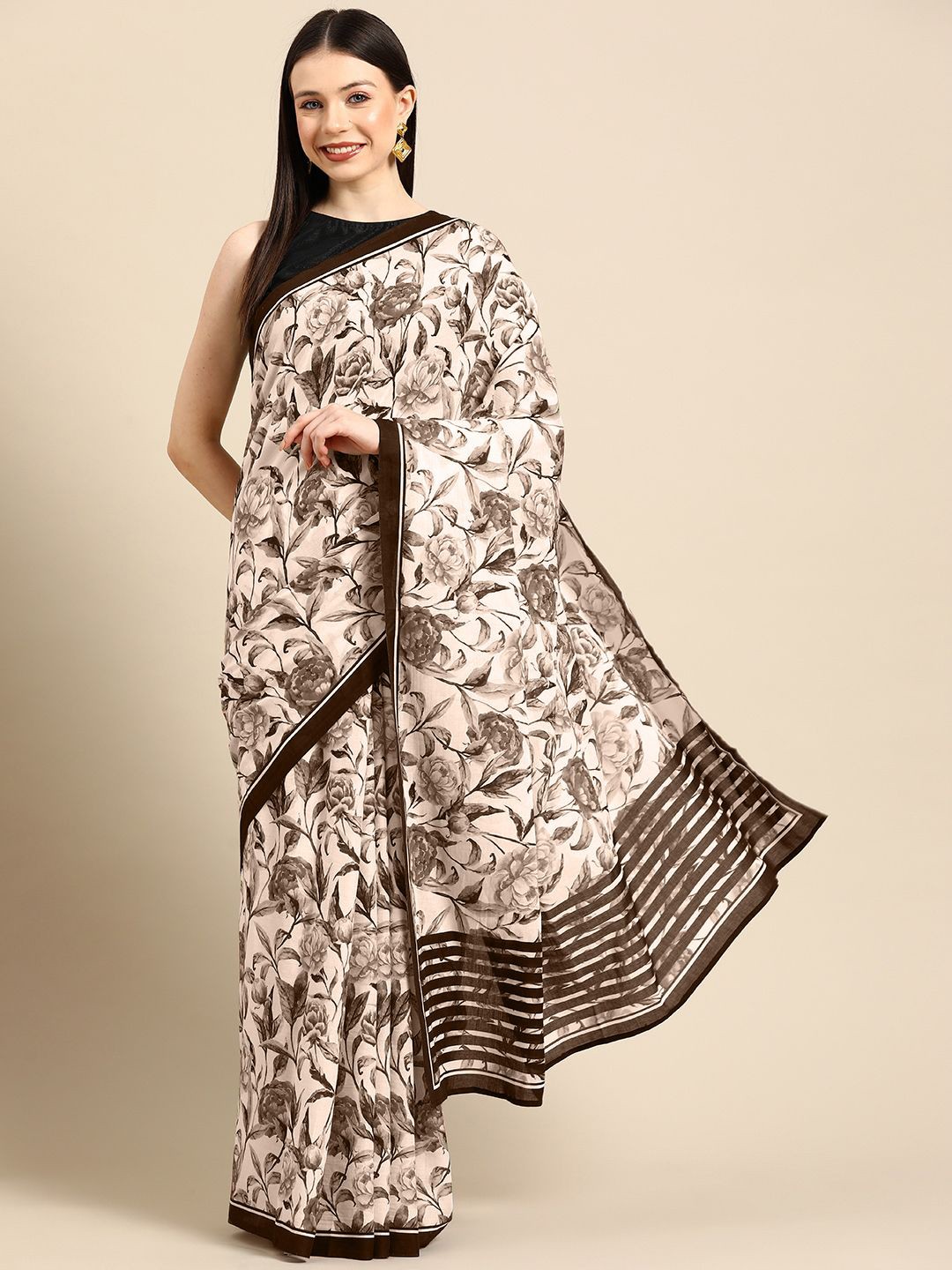 

BUTA BUTI Floral Pure Cotton Saree, Coffee brown
