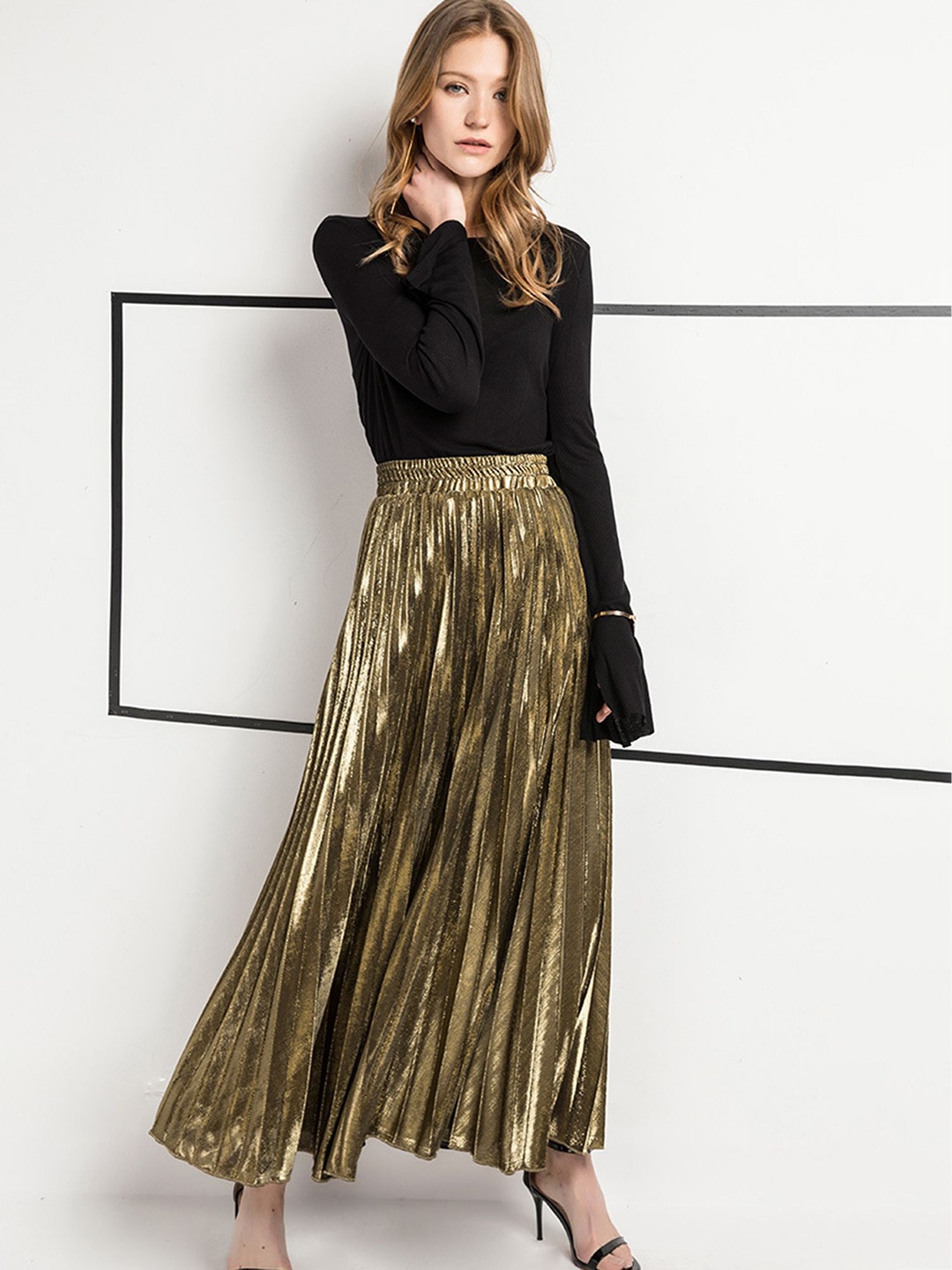 

LULU & SKY High-rise Pleated A-Line Metallic Maxi Skirt, Gold