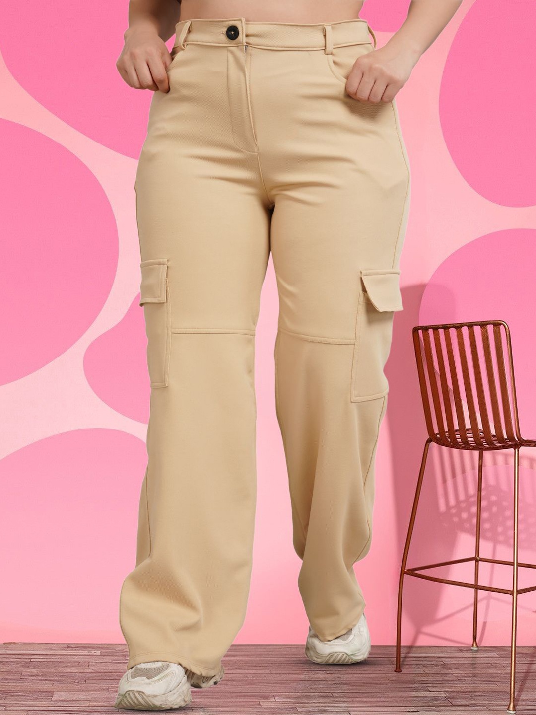 

BAESD Women Relaxed Straight Leg Loose Fit High-Rise Easy Wash Cargos Trousers, Beige