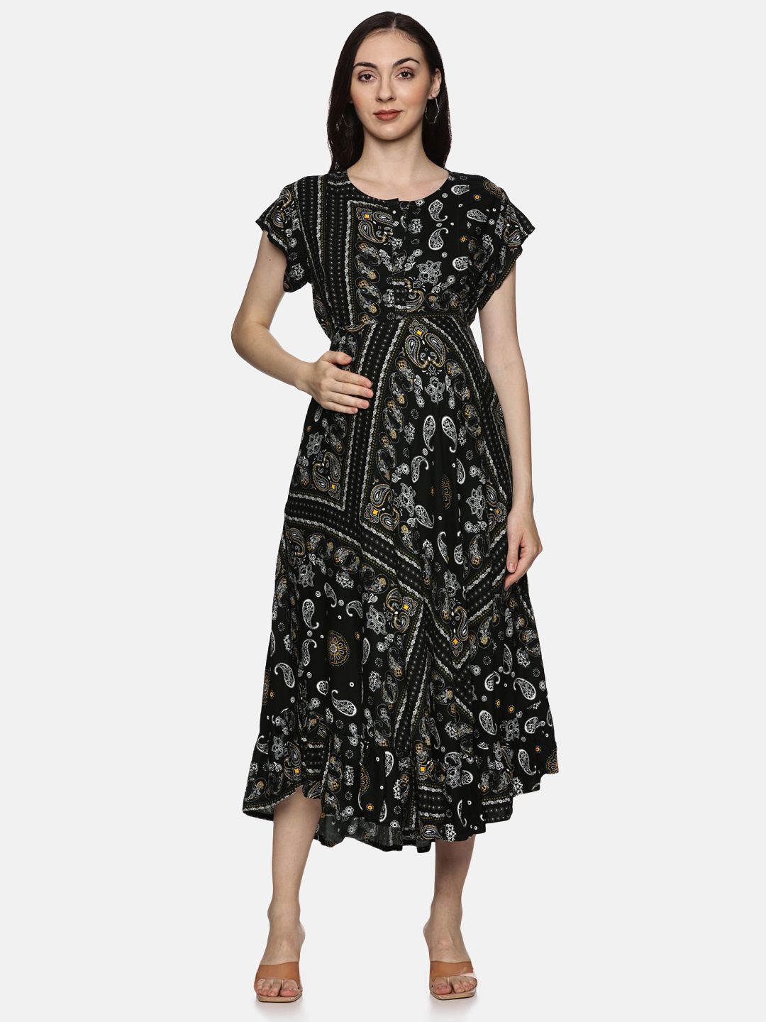 

Nejo Printed Flutter Sleeve Maternity A-Line Midi Dress, Black