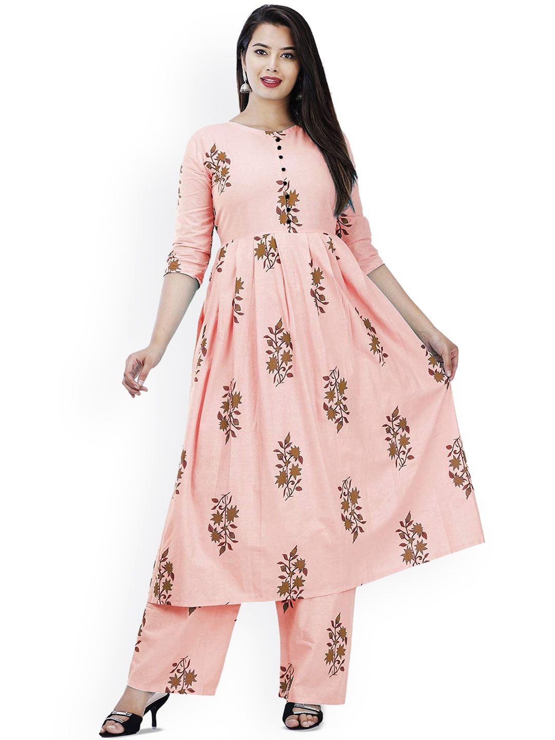 

G4Girl Floral Printed Pleated Pure Cotton Anarkali Kurta With Palazzo, Pink