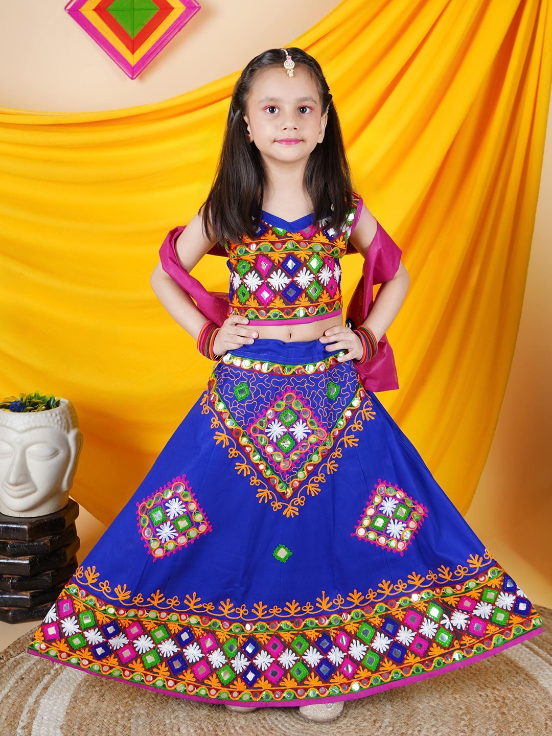 

ahhaaaa Girls Embroidered Mirror Work Cotton Ready to Wear Lehenga & Blouse With Dupatta, Blue