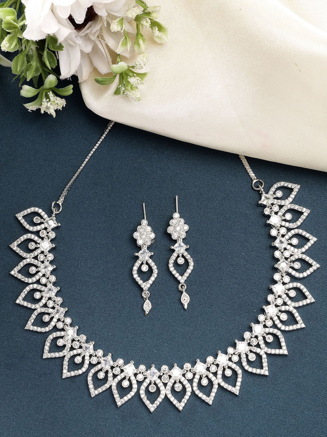 

ZENEME Rhodium Plated American Diamond Studded Necklace and Earrings, Silver