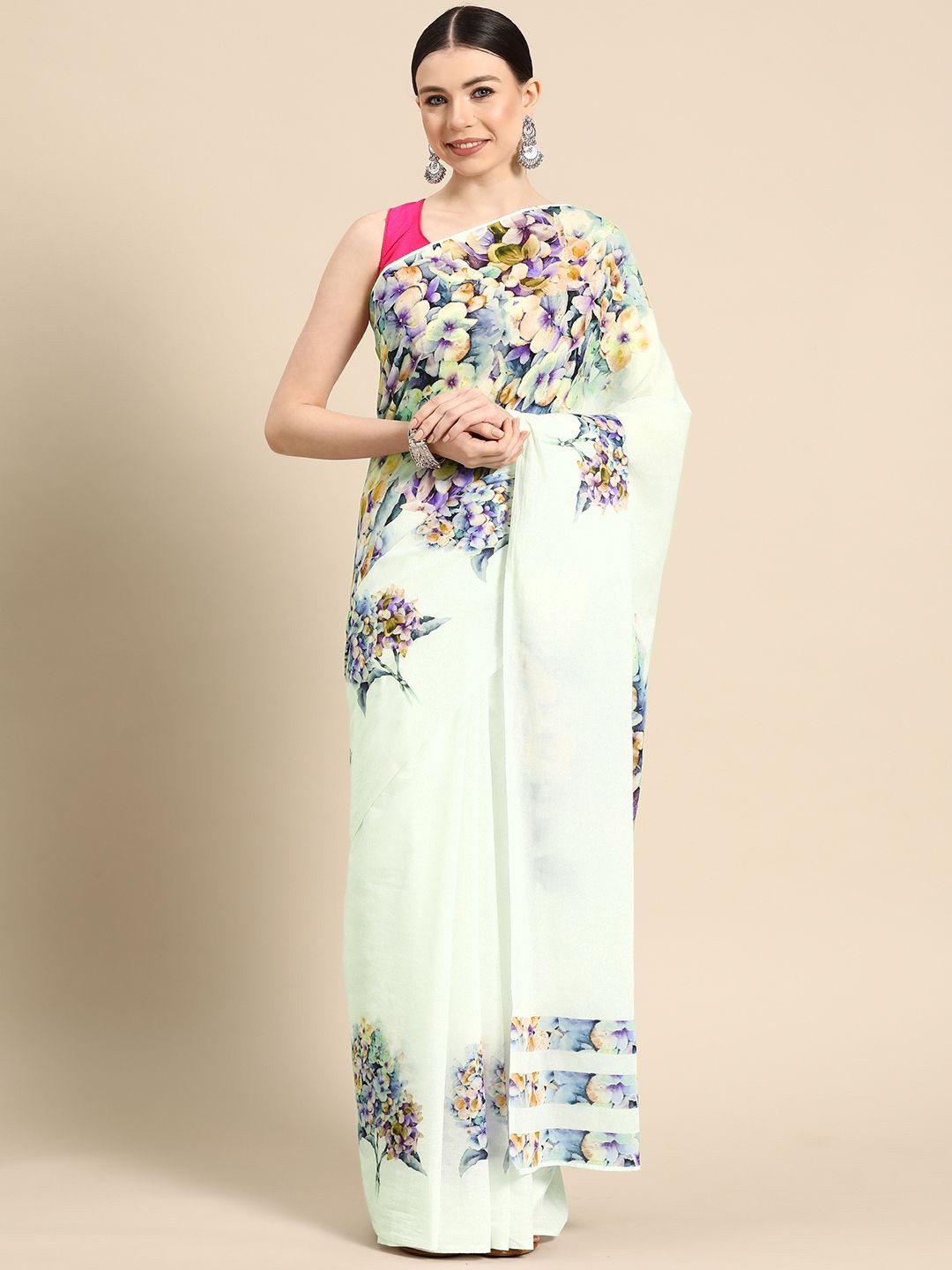 

BUTA BUTI Women Floral Printed Pure Cotton Saree, Off white