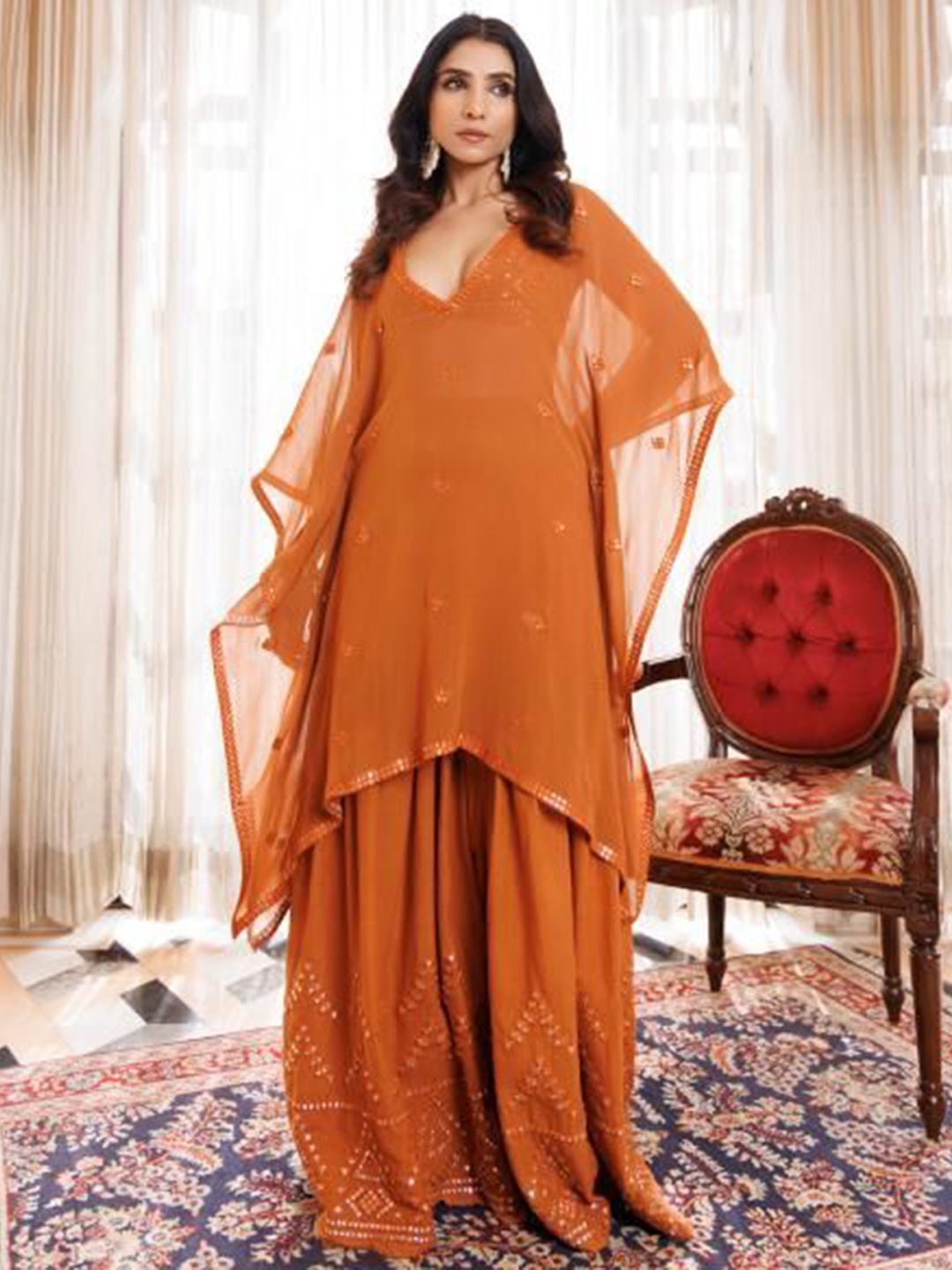 

Ragavi Embroidered V-Neck Tunic With Skirt, Rust