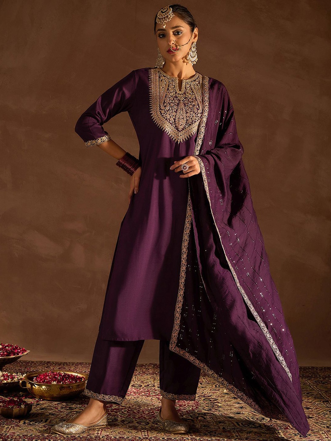 

Indo Era Floral Yoke Design Straight Kurta With Trousers & Dupatta, Burgundy