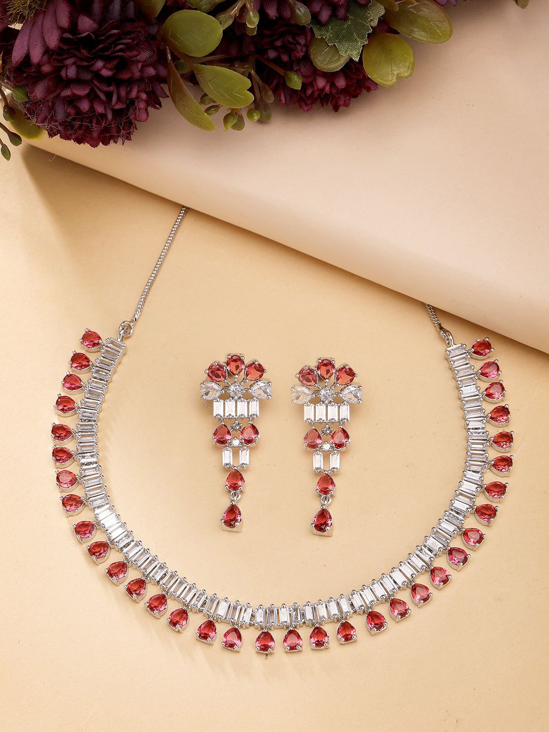 

ZENEME Rhodium-Plated American Diamond Studded Necklace and Earrings, Silver