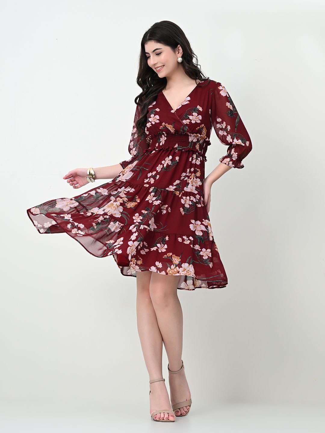 

Tushita Women Floral Printed Puff Sleeves Fit & Flare Dress, Maroon