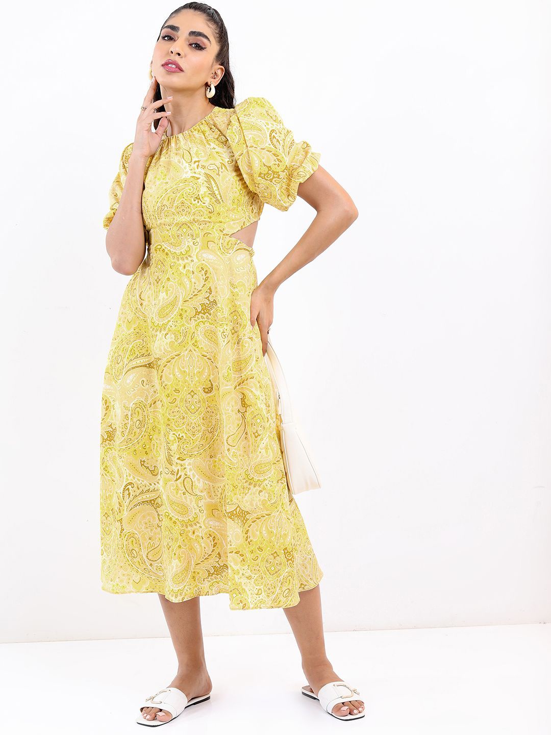 

Tokyo Talkies Printed Cut-Outs Fit And Flare Midi Dress, Yellow