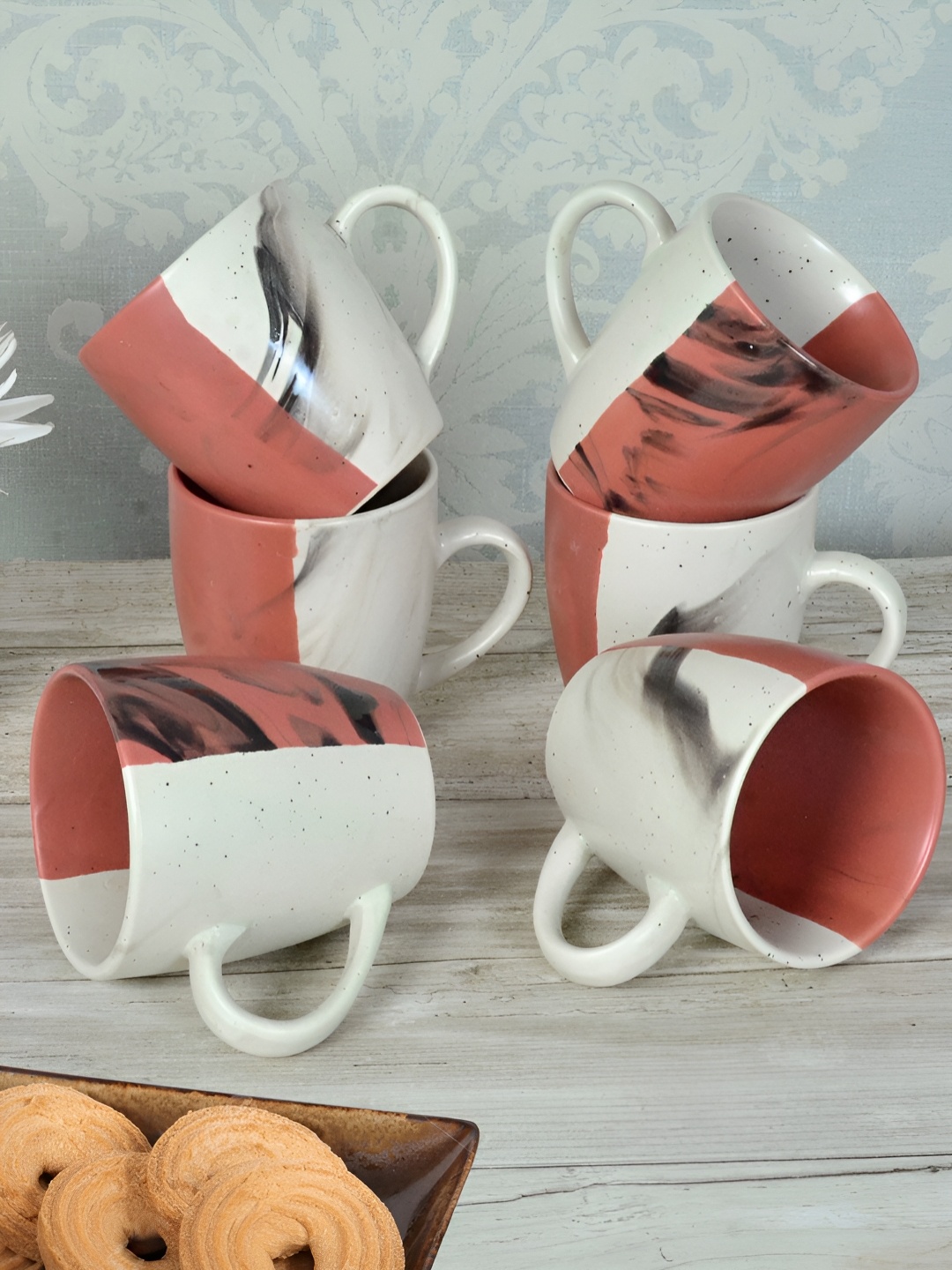 

FABINALIV Set of 6 Rust & Cream-Coloured Printed Ceramics Matte Cups