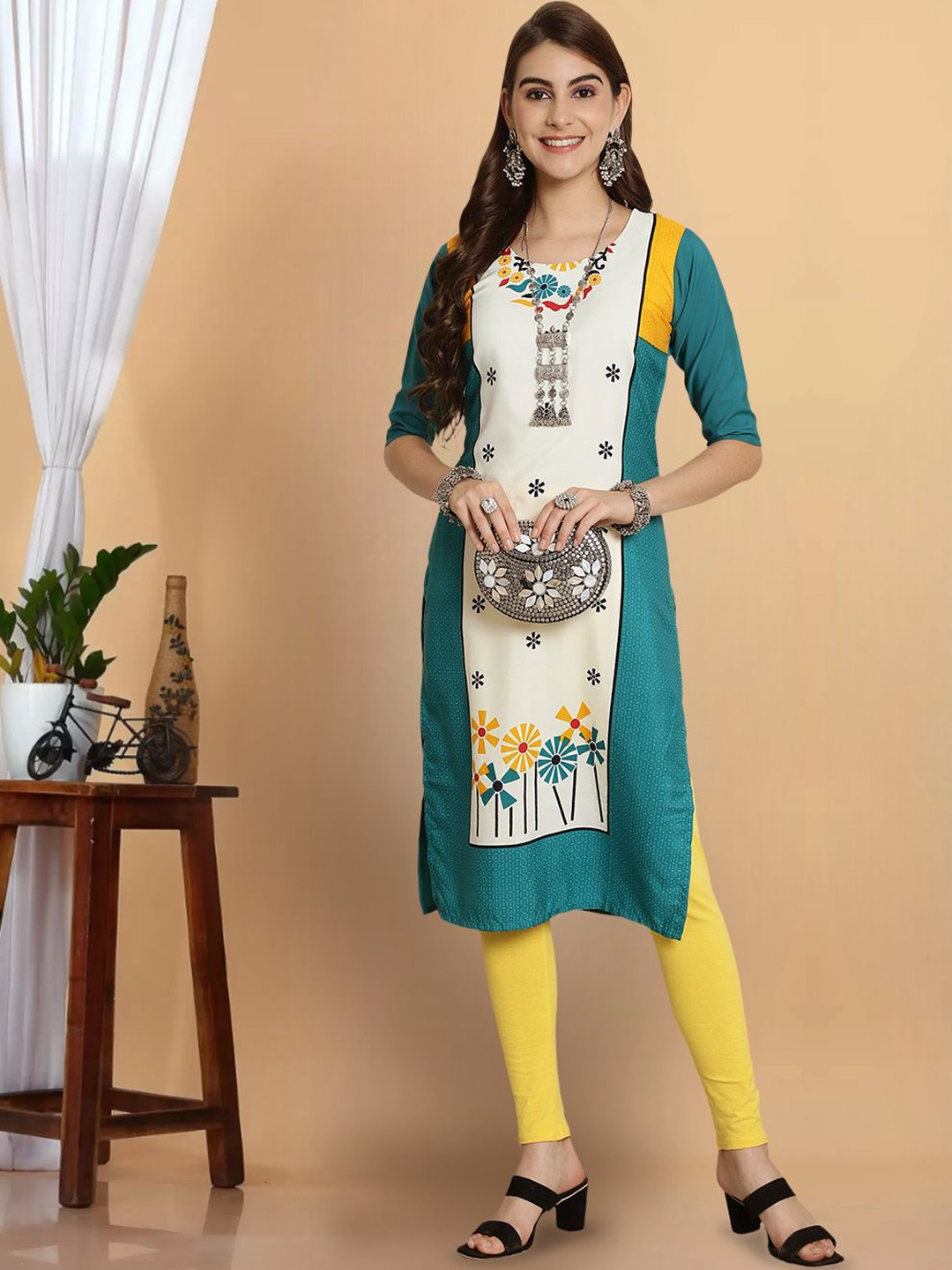 

7Threads Floral Printed Round Neck Straight Kurta, Blue