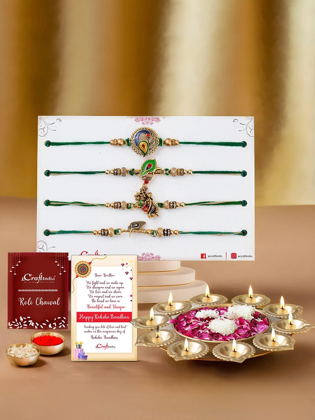 

eCraftIndia Set of 5 Thread Rakhi & Metal Designer Urli With Roli Chawal, Gold