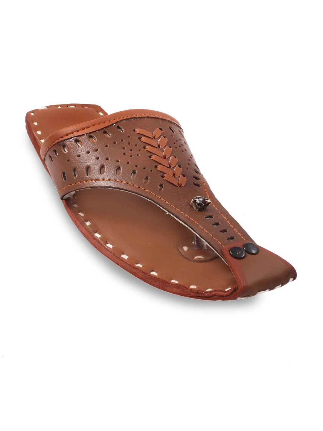 

Apratim Men T-Strap Flats with Laser Cuts, Brown