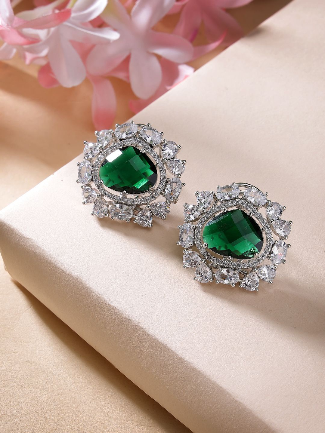 

ZENEME Rhodium-Plated American Diamond Studded Contemporary Studs, Green