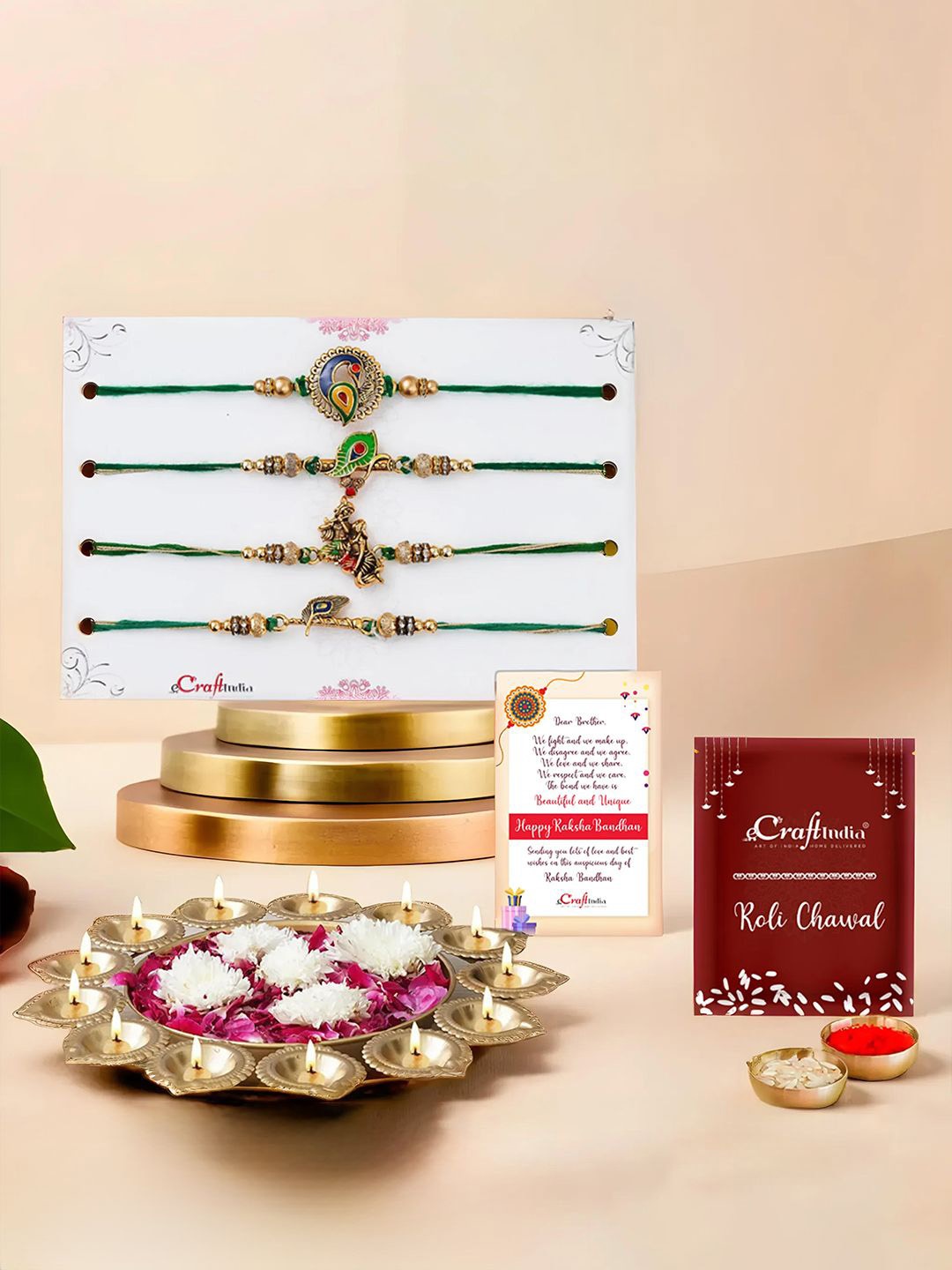 

eCraftIndia Set of 5 Beaded Rakhis Urli With Diyas, Gold