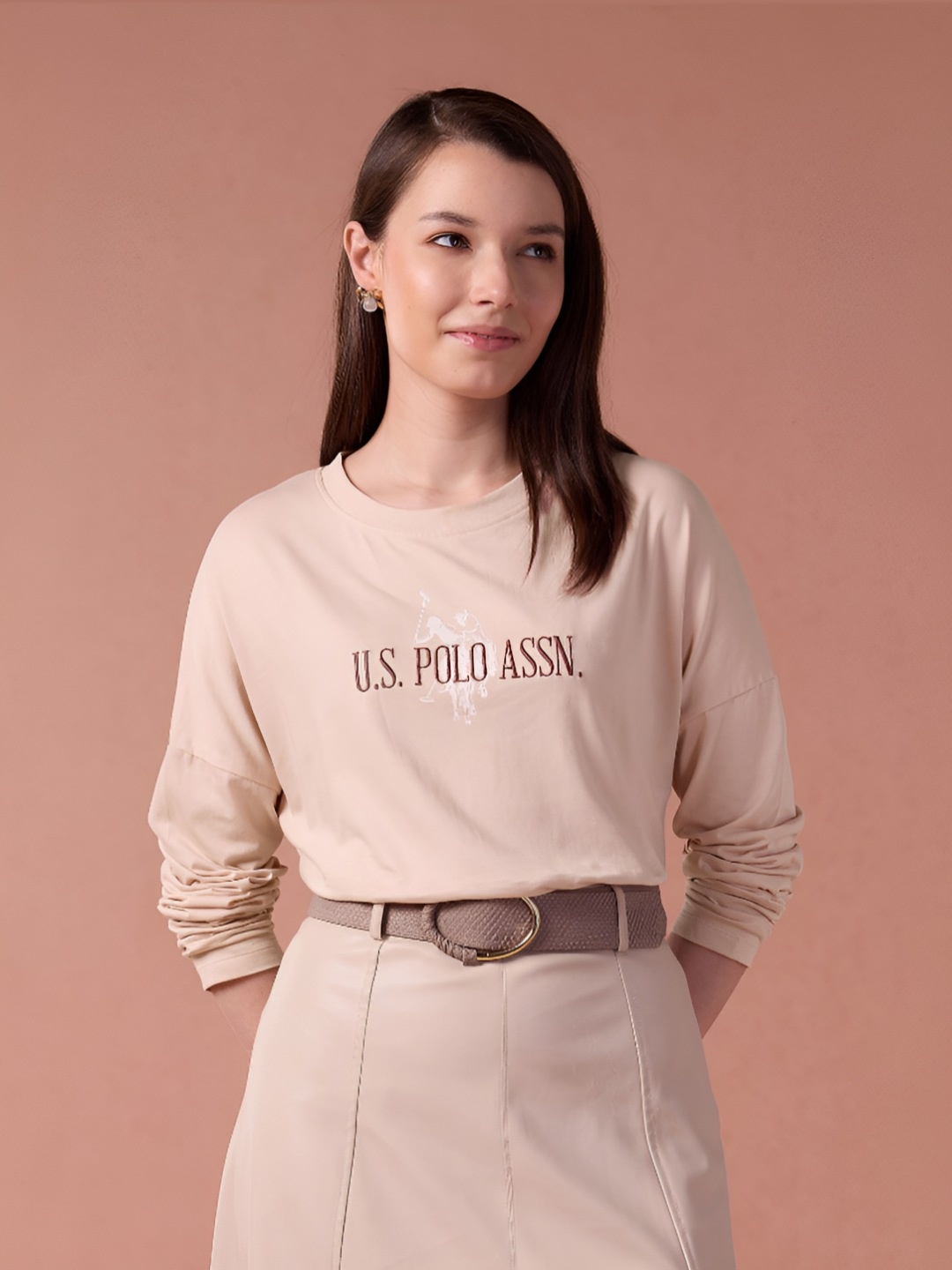 

U.S. Polo Assn. Women Women Typography Printed Extended Sleeves Pure Cotton T-shirt, Beige